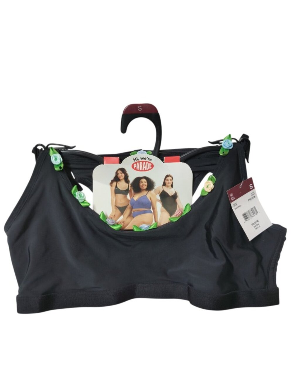 Parade Bralette Bra And Thong Panties Set Black with Fowers Womens Size Small